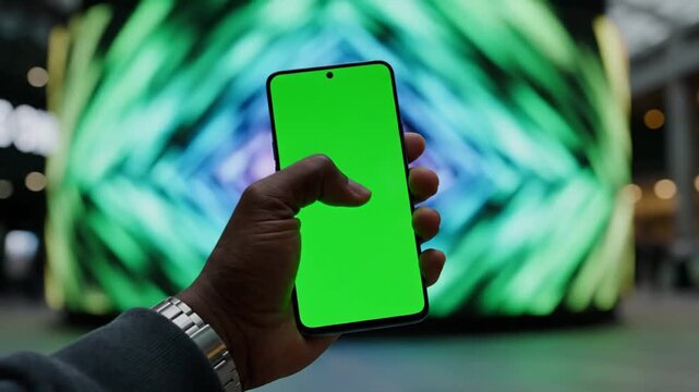 A person's hand holding a smartphone with a green screen in front of a vibrant, abstract LED display.