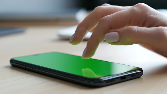 A person's hand with painted nails tapping on a smartphone with a green screen lying on a wooden desk.