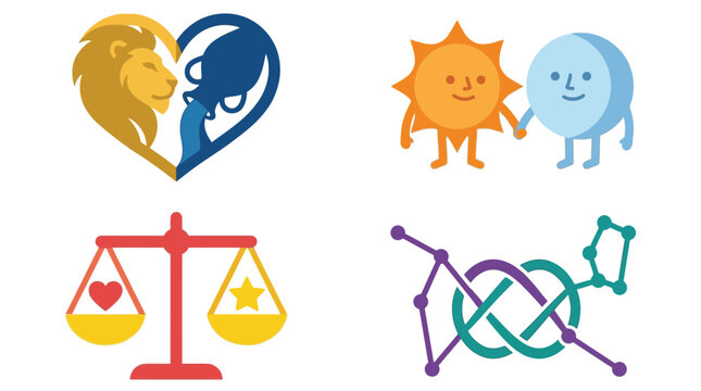 Colorful illustrations depicting various astrological and zodiac symbols, including Leo and Aquarius, sun and moon, Libra scales, and a cosmic constellation design.