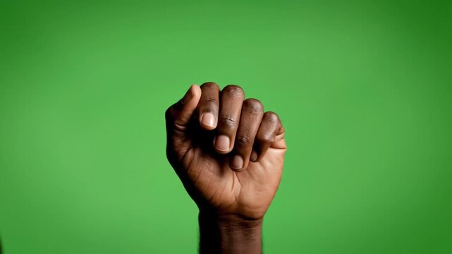 A dark-skinned hand clenched into a fist against a vibrant green screen background, symbolizing power or protest.