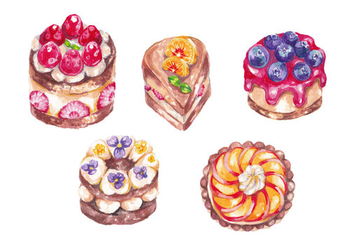 Hand-painted watercolor illustration of sweets cakes, isolated on white background