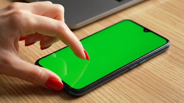 A person's hand with red painted nails tapping on a smartphone with a green screen on a wooden table next to a laptop.