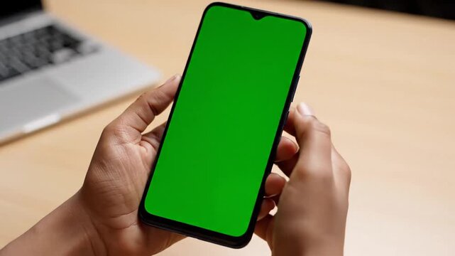 Close-up of hands holding a smartphone with a green screen on a wooden desk.