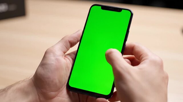 Close-up of hands holding a modern smartphone with a vibrant green screen for chroma key compositing on a wooden table.