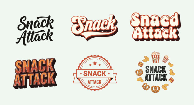 A collection of vibrant and stylized snack attack lettering designs showcasing various fonts and visual elements high quality professional detailed modern elegant stylish
