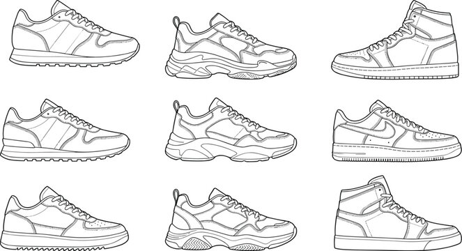 A collection of sketched footwear designs including running shoes sneakers and high tops presented in black and white high quality professional detailed modern