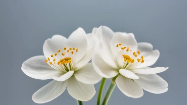 Macro view of two white flower buds with delicate petals and fine botanical details set against a simple light gray background