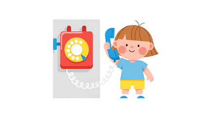 Fototapeta premium Cartoon style illustration of a young child talking on a classic red rotary wall phone with a blue receiver on a gray wall