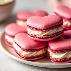Fototapeta premium Close up of pink heart-shaped macarons with creamy white filling on a ceramic plate, perfect for Valentines Day, romantic celebrations, sweet gifts, and dessert concepts