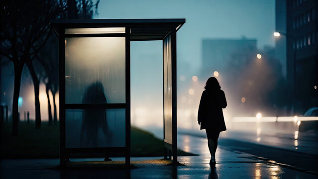 Woman walking alone on empty city street at night concept. A solitary figure walks through a misty urban environment at night.