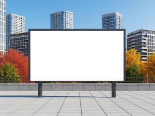 Obraz premium A blank billboard in a city park surrounded by tall buildings and colorful autumn trees.