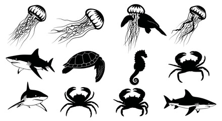 Obraz premium Ocean Life Silhouettes: Jellyfish, Shark, Turtle, Seahorse, Crab