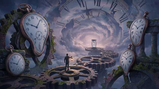 Spiral of ancient clocks in fiery time vortex concept. A surreal representation of time with clocks and gears.