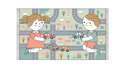Obraz premium Cheerful children playing with toy cars on a colorful map rug in a playroom illustration; cute cartoon kids with cars and cityscape background
