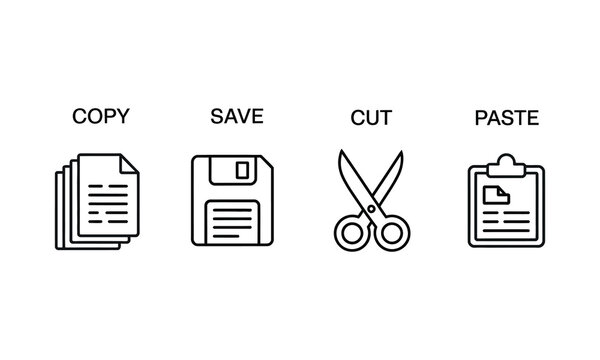 vector icons for text editing, including copy, save, cut and paste symbols for digital applications and web platforms.