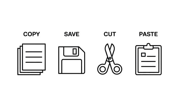 vector icons for text editing, including copy, save, cut and paste symbols for digital applications and web platforms.