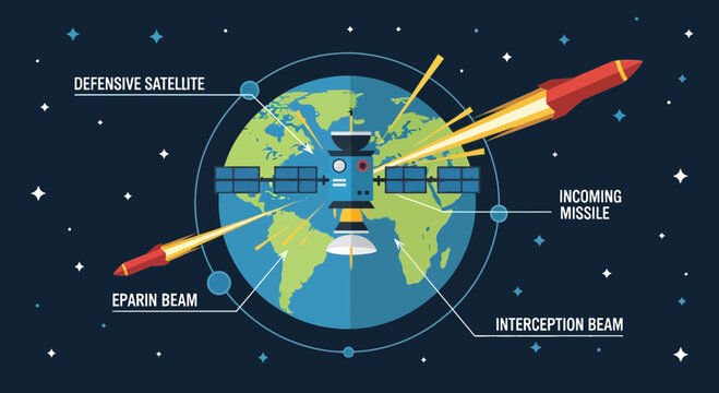 Space Defense Satellite System Intercepting Incoming Missile with Laser Beam in Earth Orbit