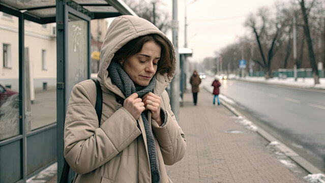 Woman walking alone on empty city street at night concept. A woman braves the cold, waiting at a bus stop on a snowy day.