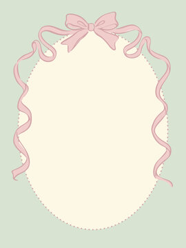 Decorative oval label with pink ribbon bow and curled ribbons vector