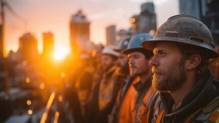 Obraz premium Construction workers in helmets stand on a site with a city skyline at sunset, highlighting teamwork and urban development.