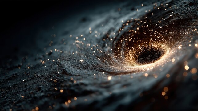 A swirling cosmic vortex with glowing particles, resembling a black hole or a galactic phenomenon in deep space.