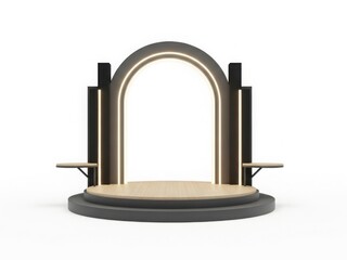 Fototapeta premium Modern wooden podium with a sleek black and gold design on a white background.