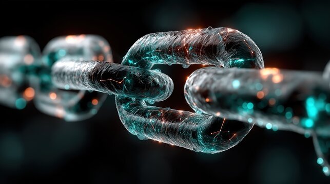 Abstract transparent glass chain links with glowing red and teal neon lights on dark background, blockchain connection and cybersecurity technology concept
