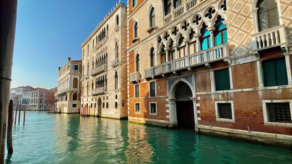 Obraz premium Gondola gliding through calm waters by architecture concept. Beautiful canal view showcasing historic Venetian architecture.