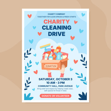 Charity household donation box with light heart background. Volunteer hands raise a flat box with goods and gift items for care and aid. Clean blue red color poster for community donate event social