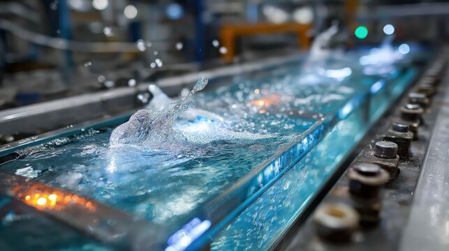 Fresh fish processing line with water splash on industrial conveyor belt in modern seafood factory
