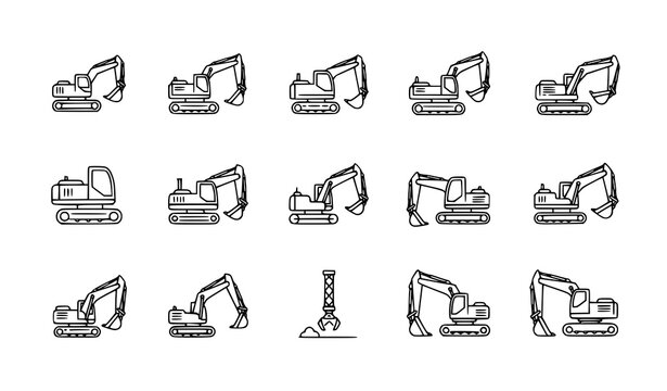 Minimal Excavator Line Icons Set Construction Digger Machinery Collection