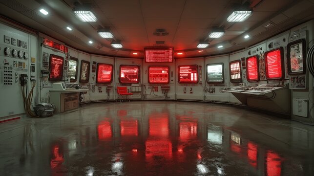 Vintage nuclear power plant control room in red emergency alert lighting with control panels and monitors during critical alarm situation