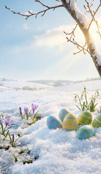 Easter in a snowy landscape, delicate painted eggs half-buried in snow, early spring flowers breaking through ice, cold blue tones mixed with warm highlights, quiet atmosphere.
