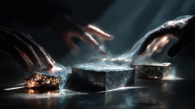 Two mysterious hands reaching for glowing precious rare earth mineral cube specimens on reflective surface symbolizing resource competition