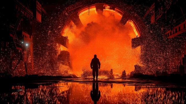 Dramatic silhouette of industrial worker in front of massive glowing orange blast furnace hall with reflection on factory floor