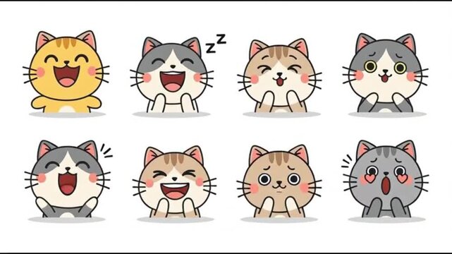 A collection of cute cat characters in different emotional expressions