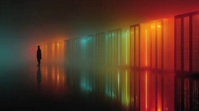 Silhouette of solitary person walking through foggy corridor with vibrant rainbow spectrum neon light panels and mirror reflection on floor