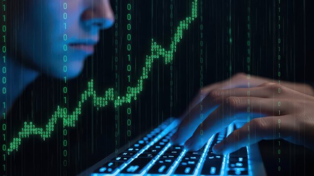 Cybersecurity hacker typing on glowing keyboard. Digital stock market growth chart with binary code. Financial data analysis and online trading concept.