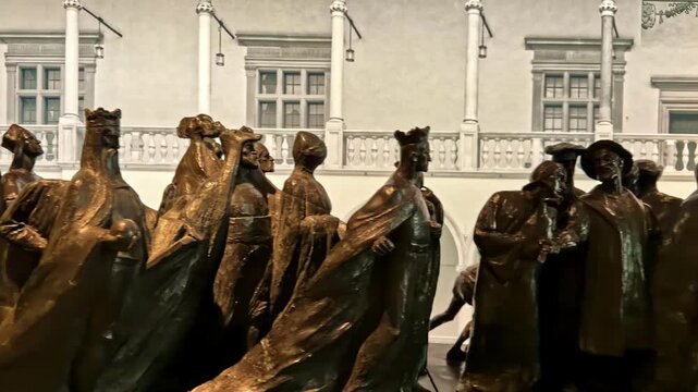 Close view of bronze statue figures in the Wawel Royal Castle courtyard, Krakow, with historic architecture in the background on an overcast day.