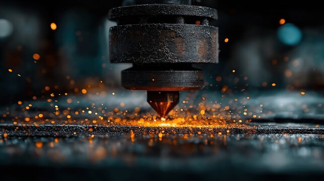 Industrial 3D printer creating a complex metal component, intense orange glow from laser sintering process, fine metallic powder particles suspended in dramatic side lighting