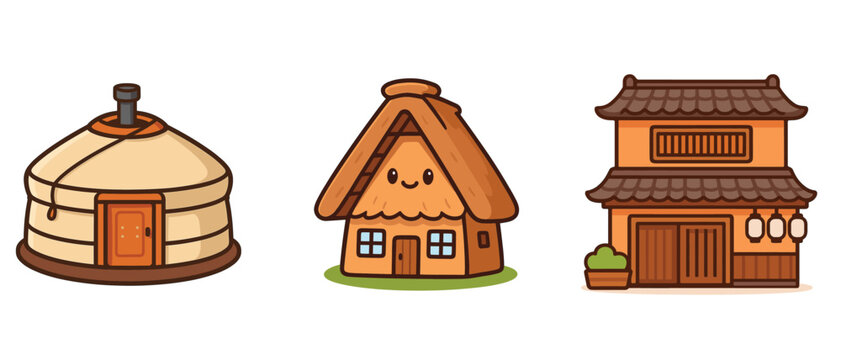 Cute Cartoon Traditional Houses Illustration