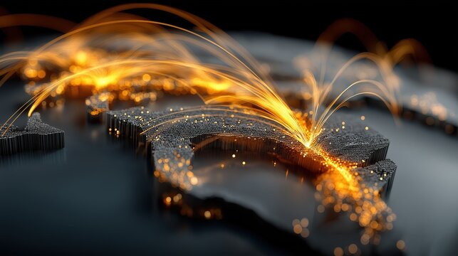 A futuristic digital map with glowing orange data streams connecting multiple points across a dark, detailed surface.