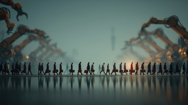 Businesspeople with briefcases walk in a line under looming robotic arms, symbolizing automation and the future of work.