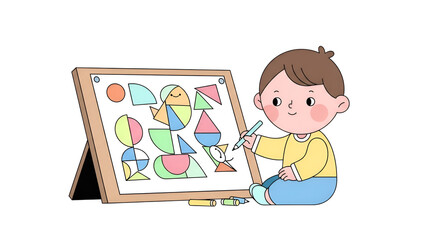 Fototapeta premium Young child drawing shapes on a whiteboard with colorful crayons in a cute cartoon style illustration for educational content and creative projects