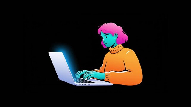 A stylized illustration of a person with pink hair and teal skin typing on a glowing laptop against a black background.
