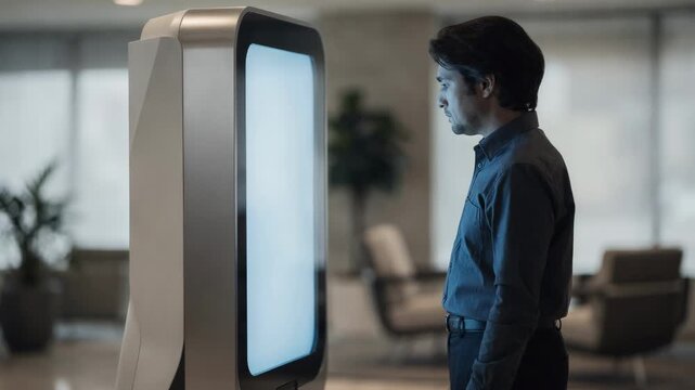 Medium shot of a user checking credit issue alerts on a sleek AI mortgage kiosk the interface glowing crisp while the environment remains softly blurred.