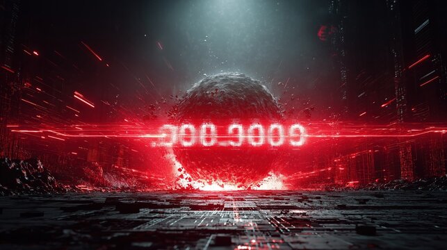 A dark futuristic scene features a textured sphere illuminated by a red digital glitch effect with numeric code hovering in a cybernetic environment.