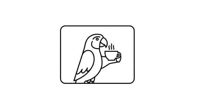Cute Parrot Holding Coffee Cup with Steam, Minimalist Line Art Icon