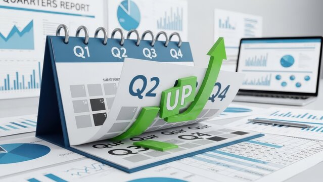 Quarterly business growth calendar with rising green arrow, financial data charts and graphs, corporate fiscal report planning concept