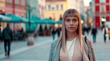 Obraz premium Motionless woman amid busy urban square scene concept. Confident woman walking through a vibrant city square.